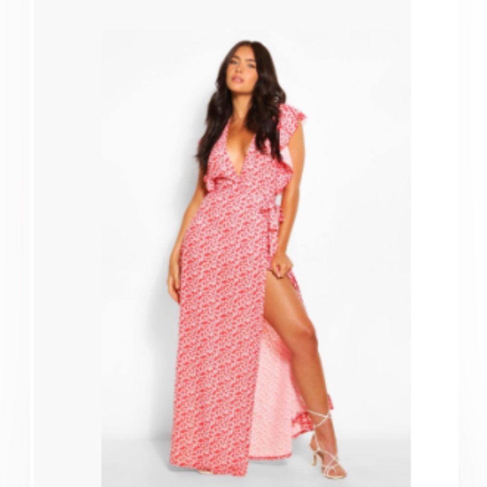 Boohoo Boho Ruffle Sleeve Red and White Floral Wrap Maxi Dress Size US4/XS